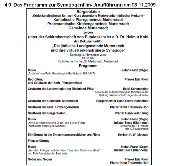 Das Programm zur Synagogenfilm-Urauffhrung am 08.11.2009