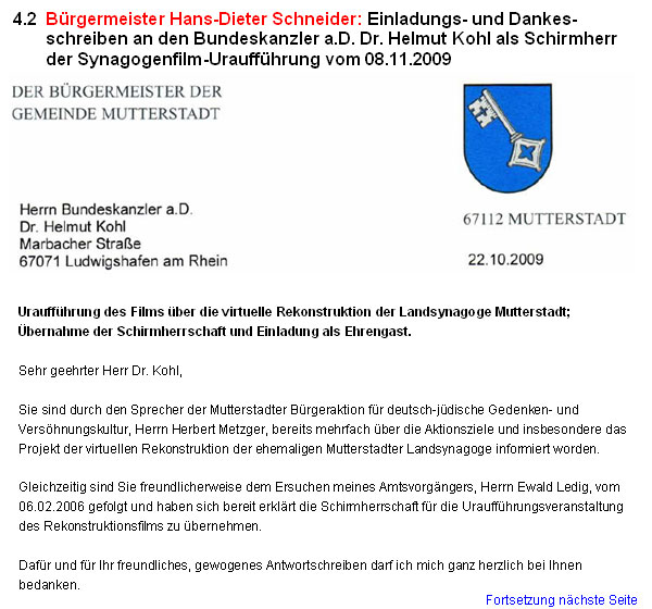 Brgermeister Hans-Dieter Schneider: Einladungs- und Dankesschreiben an den Bundeskanzler a.D. Dr. Helmut Kohl als Schirmherr der Synagogenfilm-Urauffhrung vom 08.11.2009