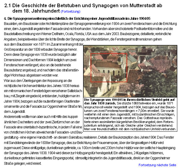 Die virtuelle Rekonstruktion der Mutterstadter Landsynagoge - Die Geschichte der Betstuben und Synagogen von Mutterstadt ab dem 18. Jahrhundert