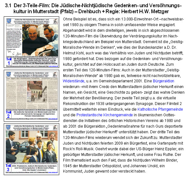 Der 3-Teile-Film: Die J�dische-Nichtj�dische Gedenken- und Vers�hnungskultur in Mutterstadt (Pfalz) - Drehbuch + Regie: Herbert H.W. Metzger