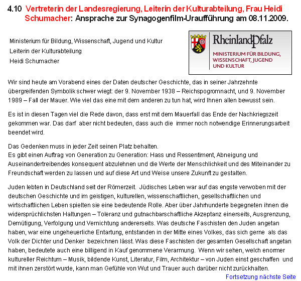 Vertreterin der Landesregierung, Leiterin der Kulturabteilung, Frau Heidi Schumacher: Ansprache zur Synagogenfilm-Urauffhrung am 08.11.2009.