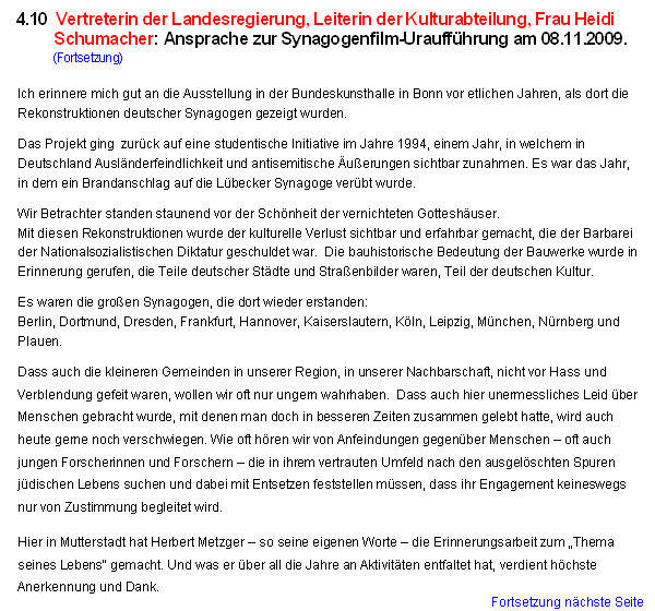 Vertreterin der Landesregierung, Leiterin der Kulturabteilung, Frau Heidi Schumacher: Ansprache zur Synagogenfilm-Urauffhrung am 08.11.2009.