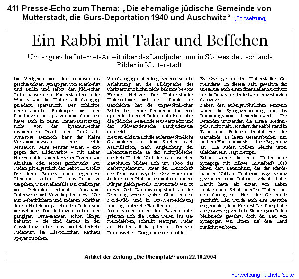 Presse-Echo zum Thema: Die ehemalige jdische Gemeinde von Mutterstadt, die Gurs-Deportation 1940 und Auschwitz
