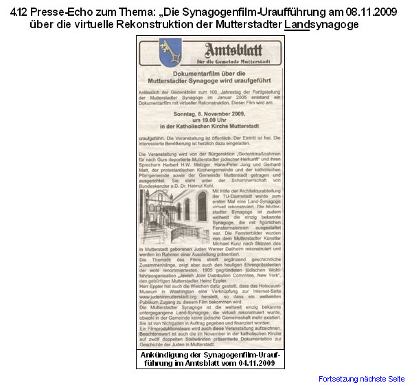 Presse-Echo zum Thema: Die Synagogenfilm-Urauffhrung am 08.11.2009 ber die virtuelle Rekonstruktion der Mutterstadter Landsynagoge