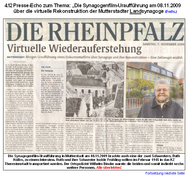 Presse-Echo zum Thema: Die Synagogenfilm-Urauffhrung am 08.11.2009 ber die virtuelle Rekonstruktion der Mutterstadter Landsynagoge
