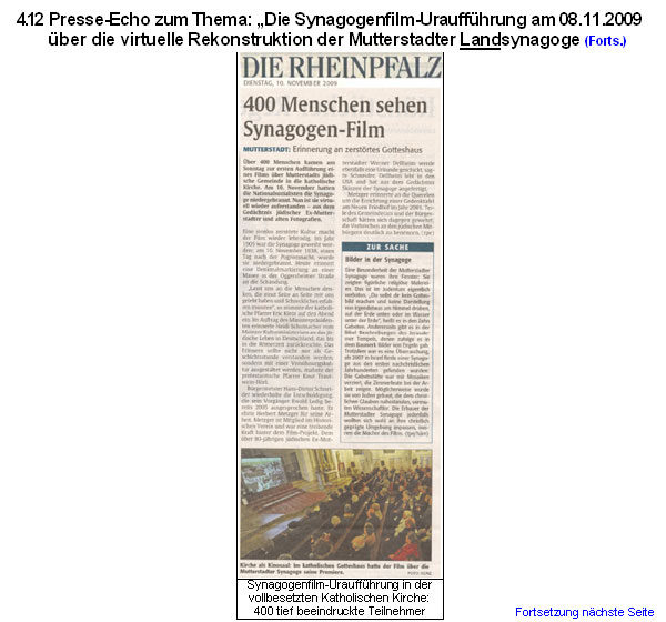 Presse-Echo zum Thema: Die Synagogenfilm-Urauffhrung am 08.11.2009 ber die virtuelle Rekonstruktion der Mutterstadter Landsynagoge