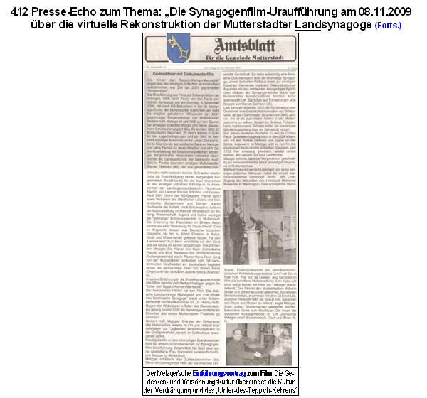 Presse-Echo zum Thema: �Die Synagogenfilm-Urauff�hrung am 08.11.2009 �ber die virtuelle Rekonstruktion der Mutterstadter Landsynagoge
