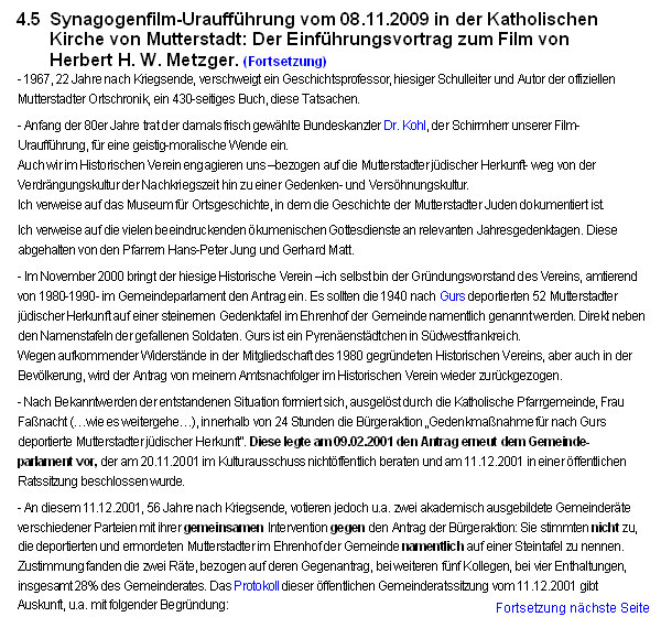 Synagogenfilm-Urauffhrung vom 08.11.2009 in der Katholischen Kirche von Mutterstadt: Der Einfhrungsvortrag zum Film von Herbert H. W. Metzger