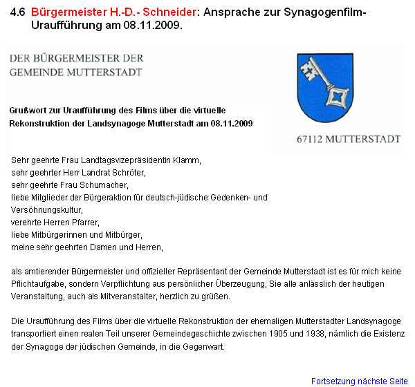 Brgermeister H.-D.- Schneider: Ansprache zur Synagogenfilm-Urauffhrung am 08.11.2009.
