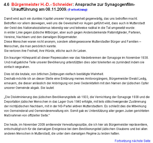 Brgermeister H.-D.- Schneider: Ansprache zur Synagogenfilm-Urauffhrung am 08.11.2009.