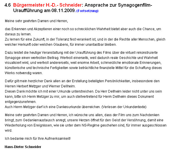 Brgermeister H.-D.- Schneider: Ansprache zur Synagogenfilm-Urauffhrung am 08.11.2009.