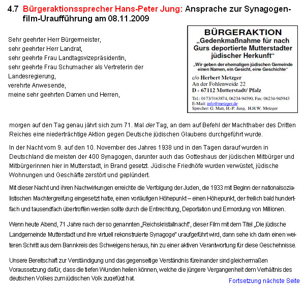 Brgeraktionssprecher Hans-Peter Jung: Ansprache zur Synagogenfilm-Urauffhrung am 08.11.2009