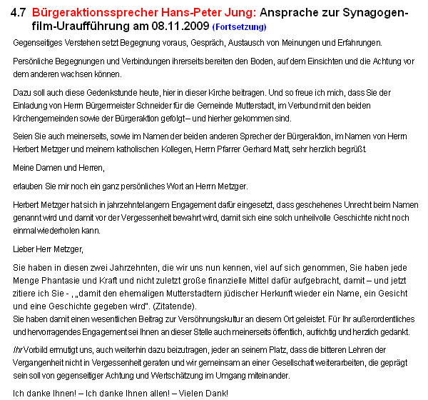 Brgeraktionssprecher Hans-Peter Jung: Ansprache zur Synagogenfilm-Urauffhrung am 08.11.2009