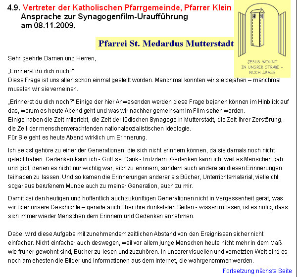 Vertreter der Katholischen Pfarrgemeinde, Pfarrer Klein: Ansprache zur Synagogenfilm-Urauffhrung am 08.11.2009.